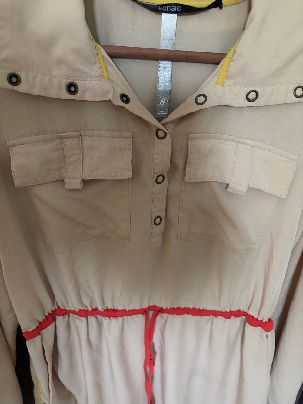 Kensie Utility Safari Shirt Dress Beige Neon Trim Roll Tab Sleeves Size S - Picture 5 of 14